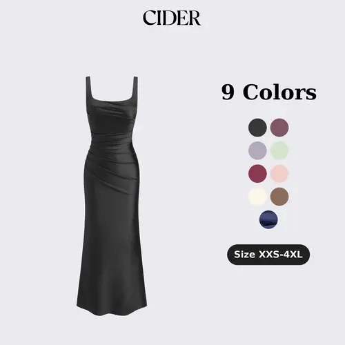 Cider Satin Sculptural Square Neck Ruched Mermaid Maxi Dress Elegant Womenswear SohoChic