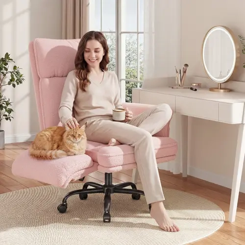 Raybee SGS-Safe Lift Big and Tall Office Chair - 5-Gear Arm Fit, Adjustable Armrests, Roll-Glide Wheels, 145° Reclining, Double-Layer High-Density Resilient Foam Cushion, Pink Teddy Fleece Vanity Chair for Home & Bedroom Use (Cross-Leg Sit Compatible)