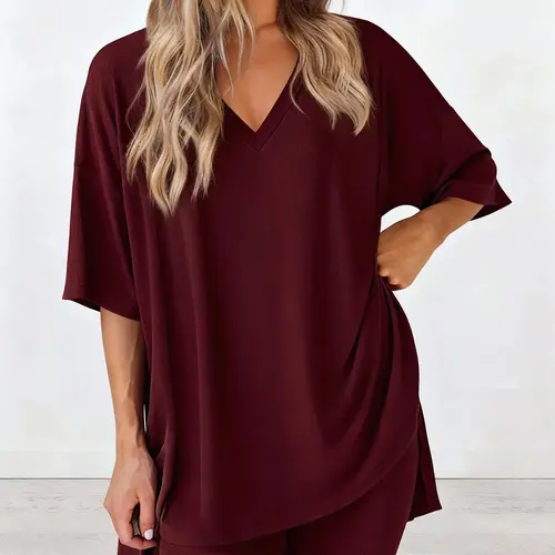 Women's Plus Size 2-Piece Knitting Pajama Set - Lightweight Cozy Oversized V-Neck T-Shirt, Biker Shorts, Casual Summer Loungewear with Relaxed Fit for Daily Use