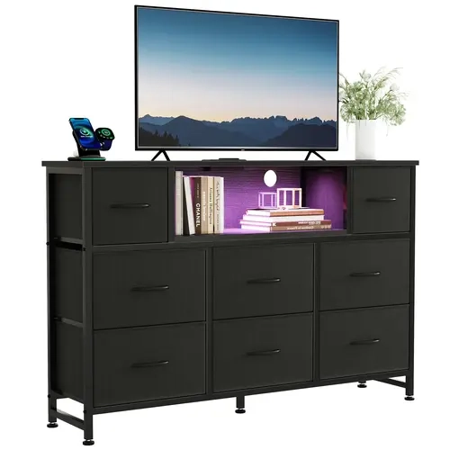 Sweetcrispy Modern Black TV Stand - 47.2" Width Television Table, 12mm Polyester & Particle Board Top, 8 Fabric Drawers, Sturdy Metal Frame, Power Outlet, LED Console, USB & Type-C Charging Station, Living Room TV Stand Furniture