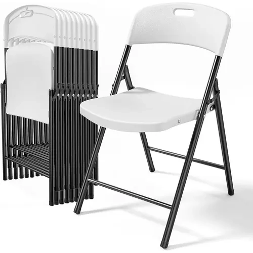 10-Pack Foldable Camping Chairs - White Plastic Seats, Sturdy Steel Frame, Ergonomic, 350lbs Max Capacity, 17.5d x 20.3w x 30.9h, Portable Folding/Collapsible Chairs, Compact Indoor/Outdoor Seating for Parties & Camping