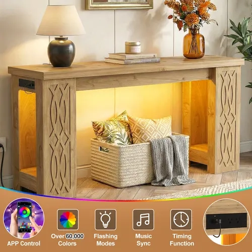 Cyclysio 63" Width Rectangular Farmhouse Console Table with RGB LED Light, Power Outlets, Carved Details, Easy Setup, Wooden Entryway Sofa Foyer Accent Table, Entryway Table