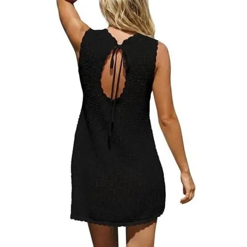 FISOEW Women's Bikini-Ready Crochet Beach Cover Up Dress - Chic High Round Neck, Semi-Sheer Airy Sleeveless Mini, Breathable Dresses for Women, Pairs with Bikinis/Suits, Hand Wash Cold, Hang Dry