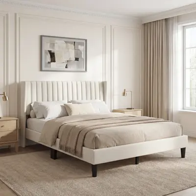 Costoffs Sturdy Linen Upholstered Queen Wooden Bed Frame with Linen Wingback Upholstered Tufted Fabric Headboard, Wood Slat Ventilation, 6" Under-Bed Space, Easy Assembly, Winged Sides, Contemporary Minimalist Room Decor, Durable Materials, Upholstered Tu