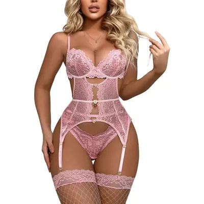 Lady's Sheer Underwire Lingerie Set - Floral Lace Bra, Thongs, Chemise, Bodysuit, Babydolls, Garter, Fishnet Stockings, Tights for Sports & Outdoor Protective Clothes, Sheer Lingerie, Intimate Gifts For Women