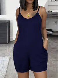 Fashionable Casual Women's Unique Basic Minimalist Spaghetti Strap Fitted Romper Pockets Womenswear
