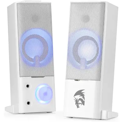 Redragon GS550 2.0 Channel PC Gaming Audio Sound System, Compact Desk Gadgets Bass Speakers, Lighted Display Speakers with Headphone Jack, Red Backlit, USB Powered & 3.5mm Cable, White Desktop Sound Bar