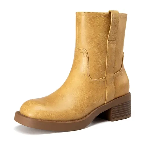 Athlefit Women's Retro Leather Ankle Boots - Chunky Block Heel, Square Toe, 1.93 in Cushioned Footwear, Side Zipper, Effortless Wear, Easy On/Off, All-Season Casual Style