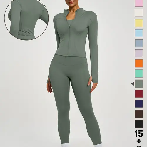 Women's Sporty Two-Piece Set, Long Sleeve Quick-Dry, High Waist Slim-Fit, Breathable Yoga Pants, Ideal for Running, Cycling, Gym