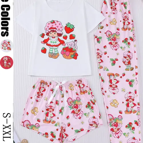 Women's Casual Cute Strawberry Print 3 Piece Pajama Set, Soft Short Sleeve Top & Relaxed Fit Shorts & Pants, Stylish Sleepwear Loungewear for Everyday Wear and Festive Occasions, Pjs, Pajama Suit