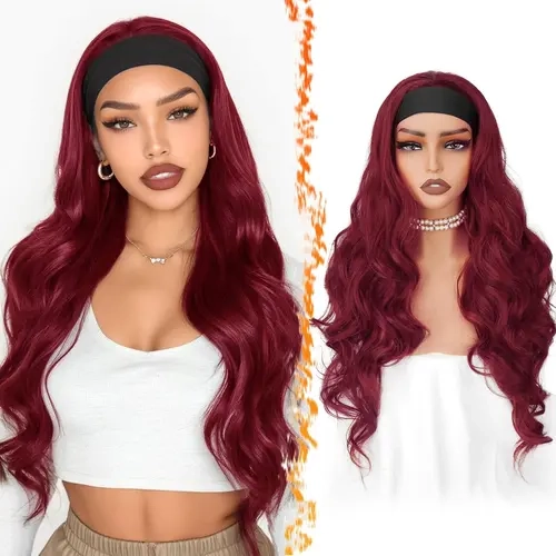 Women's 26in Thick Synthetic Full Machine Headband Wig - Long Loose Body Waves, Glueless On/Off, Heat-Friendly, Durable, Reusable, Adjustable Velcro Straps, Soft, Lightweight, Breathable, Natural Looking, Easy-Wear Adult Wig for Wedding, Burgundy Red