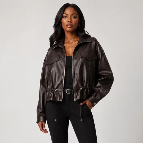 URBAN REVIVO Women's Vegan Faux Leather Fabric Bomber Jacket - Casual, Lightweight, Medium-Thickness Long-Sleeve Outerwear with Drawstring Waist, Coated Placket, Chic Style