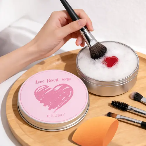Heart-Shaped Cosmetic Brush Cleaner Solid Soap - Includes Color-Removing Sponge, Silicone Cleaning Pad, Cleanses Gently, Fresh, Residue-Free, Sensitive-Safe, Removes Eye Shadow Pigment