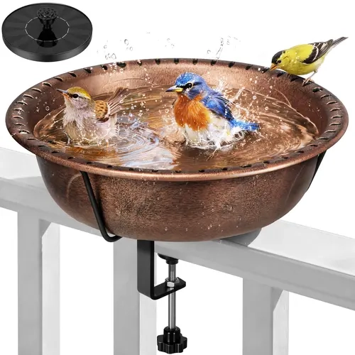 VIVOHOME Deck Mounted Bird Bath with Solar Fountain, Outdoor ABS Birdbath Bowl with Adjustable Metal Clamp, Solar Powered Pump for Railing, Fence, Balcony, 1.45 Gallons