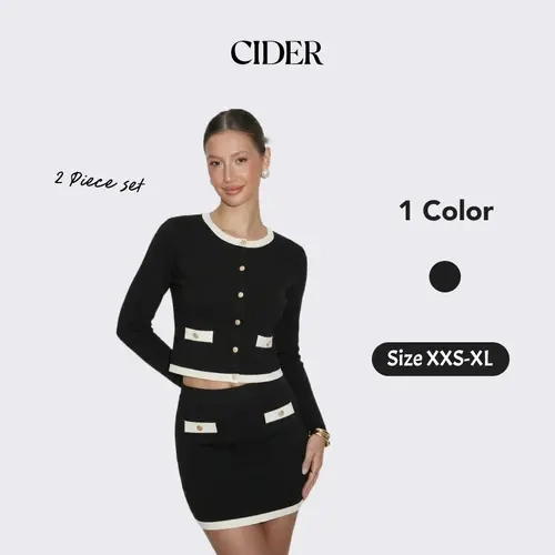 Cider 2-Piece Knit Contrasting Trim Button Front Cardigan & Low Rise Cigarette Skirt Set