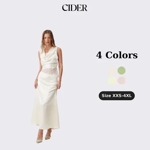 Cider Satin Cowl Neck Lace Panel Top & Mid Rise Flared Maxi Skirt Set