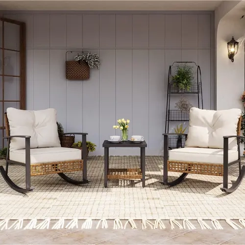 LAUSAINT HOME 3-Piece Rocking Bistro Patio Furniture Set - Sturdy Durable Outdoor Set with Thick Cushions, Double-Layer Coffee Table, Oversize Rattan Rocking Chairs, Powder Coated for Garden, Balcony, Assembly Required (Beige)