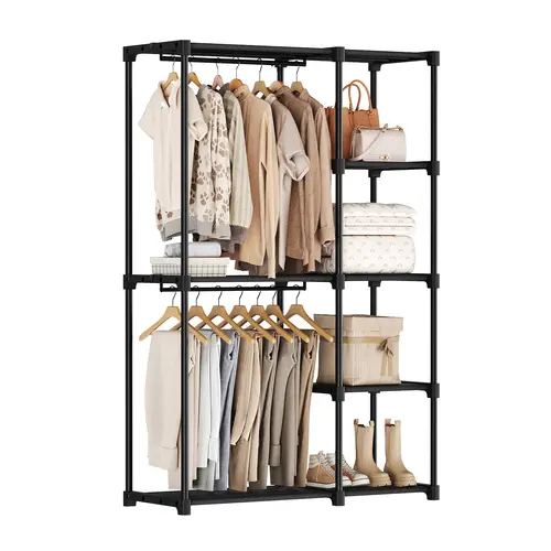 Sweetcrispy 22lb Rectangular Metal Portable Hanging Clothes Rack - 4-Tier Quick Access Shelves, Thick Steel Tubes, Solid Frame, Adjustable Legs, Hanging Rod, Fast Shelf Removal, Closet Storage for Small Bedrooms (Organizes Shoes Together)