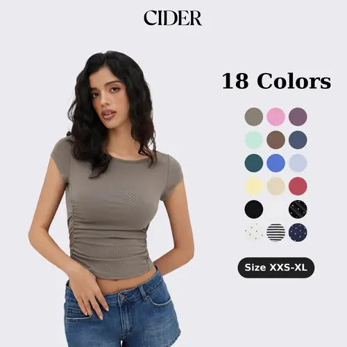 Cider Minimalist Daily Boat Neck Ruched Tee for Office Work, Elegant Fitted Top, Ladies Basic Short Sleeve T-Shirt, Casual Outfits, Lady Blouses