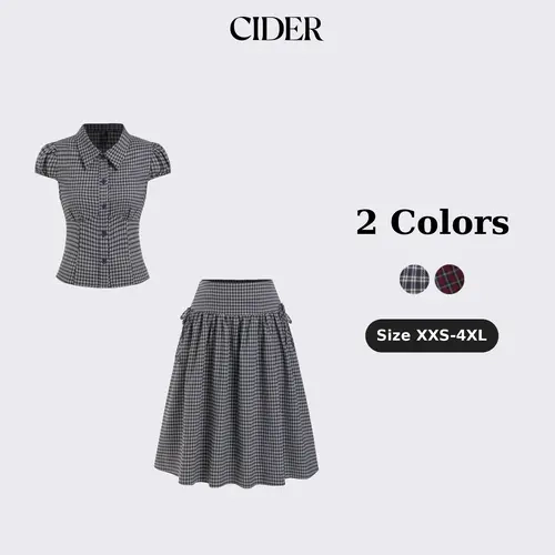 Cider Gingham Top & Low Rise Drawstring Ruched Midi Skirt Set