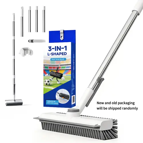 3-in-1 Heavy Duty Stiff Bristle Floor Scrub Brush with Rotating Head - Home Care Supplies, 54-in Adjustable Long Handle, Scraper, Durable 3in1 Floor+Wall Tool, Dual-Action Design for Thorough Corner-to-Corner Clean, Multi-Surface Use