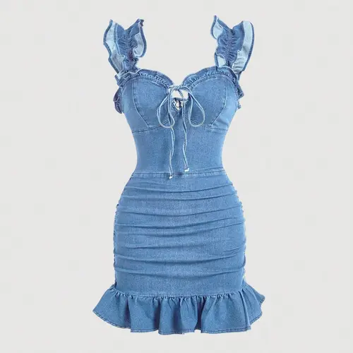 Women's Ruched Ruffle-Hem Tie-Front Denim Dress, Fashion Casual Cute Sleeveless Short Dress for Daily and Outdoor Wear, Ladies Clothes for Summer, Womenswear