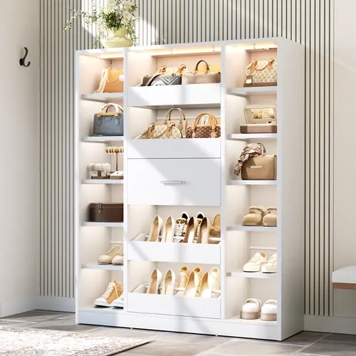 40x13.8x55.2in MDF Wood Freestanding Closet System with LED Lights, 5-Drawer & 12-Shelf Wardrobe Organizer Rack, Versatile Tower Wood Armoire for Closets, Storage Furniture, Wood Armoire Storage
