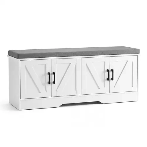 Sweetcrispy Armless Wood Shoe Storage Organizer Bench with 25 mm Sponge Cushion, 4-Barn-Door Large-Capacity Entryway Cabinet, Modern Home Decor, 13.8 Inches Depth, Adjustable Fit & Easy Install for Hallway, Living Room