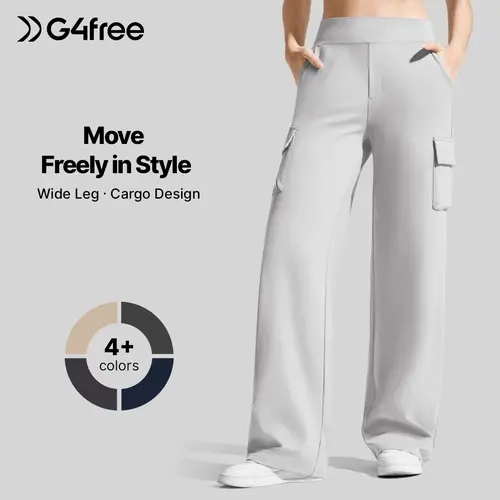 G4Free EverGoing Women's High Waisted Wide Leg Cargo Pants - 4 Pockets, Stretch, Basic Bottom, Casual Fashion Bottoms,#sohochic