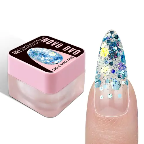 NOVO OVO Chunky Sequined Glitter Gel Nail Polish (G01 Oceanic Mist with Blue Holographic Sequins) - 5ml Travel Size, UV/LED Cured, Non-Toxic, HEMA & TPO Free, Reflective Soak Off, Glossy Long-Lasting Disco Ball Finish, DIY At-Home Nail Supplies