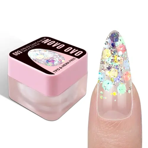 NOVO OVO Chunky Iridescent Gloss Gel Nail Polish G03 - Toxin-Free Holographic Resin with Sequin Bling, Certified Safety, Low-Odor, Snag-Free Surface, UV Nail Care Cosmetic for Easy Blend, Daily Manicure, Evening Parties