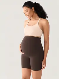 MOMANDA No Front Seam Maternity Yoga Shorts Over The Belly Summer Pregnancy Active Short Pants Workout 6"