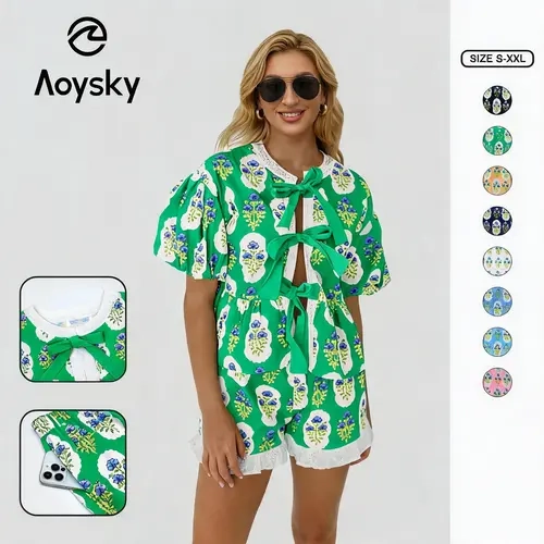 Aoysky Women's 2-Piece Cute Floral Babydoll Loungewear Set - Adjustable Puff Sleeve Peplum Top, Ruffle Lace Above-The-Knee Loose Shorts, Color-Fast Coffee Elastane Fabric for Summer Dates, Dancing, Party, Cartoon-Themed Casual Basics
