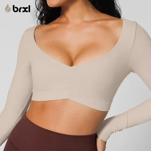 BRXL【Discount for live】Women's Deep V-Neck Yoga Top - Long Sleeve Brushed Contour Top with Mini Pleat Detail-brxl-2