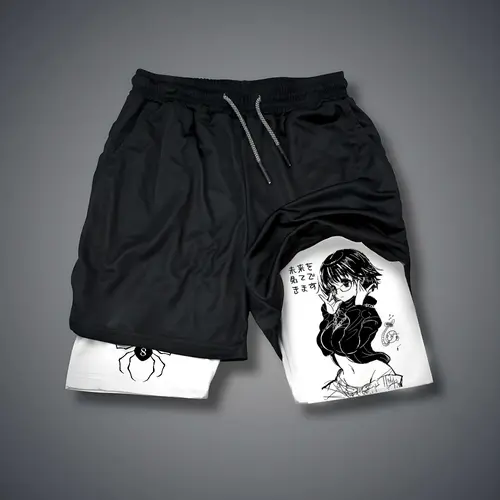 Hunter x hunter 80s 90s Double-Layer Sports Shorts Graphic Shorts Black Camo Streetwear Shorts Men Outfits Men Vacation Outfits Shorts