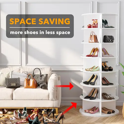 7-Tier Rotating Shoe Rack Organizer - Round Lazy Susan Carousel, Tiered Vertical Small-Space Saver, Home Closet Storage Organization Rack for Shoes & Handbags (White)
