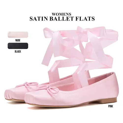 CYNLLIO Womens Satin Ballet Flats Closed Square Toe Chunky Flat Block Heel Elegant Lace Up Bownot Ribbon Ballerina Pumps Strappy Mary Janes Slip On Comfy Wedding Party Casual Work Dating Fashionable Spring Flat Shoes Deals For You Days
