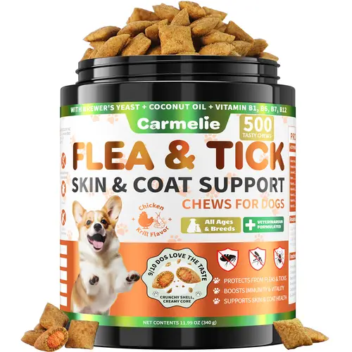 Carmelie Universal Flea & Tick Support Dog Chewables Jar - 500 Krill Center Crunch Treat Snacks with Coconut Oil, Biotin, Vitamin B12 - Supports Skin, Coat, Health - Chicken Flavor for Daily Feed All Breeds & Ages