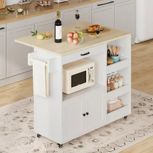 LIKIMIO Kitchen Island with Drop Leaf, Rolling Kitchen Island Cart on Wheels with Storage, Microwave Cart with Pull Out Open Shelves and Drawer, Mobile Kitchen Storage Islands