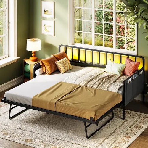 LIKIMIO Twin Bed Frame with Pull-Out Trundle - Stable Shake-Free Metal Base, Color-Changing RGB LED Light, 2 AC Outlets, USB Charging Station, Side Storage, Silent, No Box Spring Needed, Easy Setup, Foldable Sofa for Small Spaces, Apartment Furniture