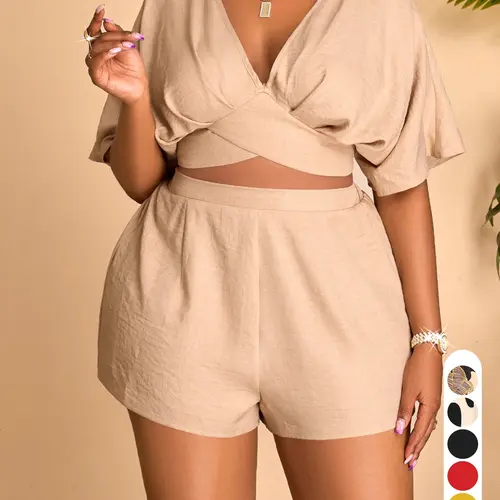 Elegant Casual Chic Women's Two-Piece Set, Deep V-Neck Short Sleeve Top and High Waist Shorts, Spring Summer Plus Size Fit, Clothes, Womenswear