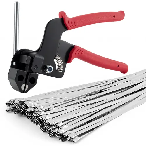 304 SS Handheld Cable Tie Gun Kit, 100 Cable Ties (11.8in, UV-Resistant, 200LBS Tensile Strength) - Ideal for Heavy Wire, Chicken Coop, Chain Link Fences