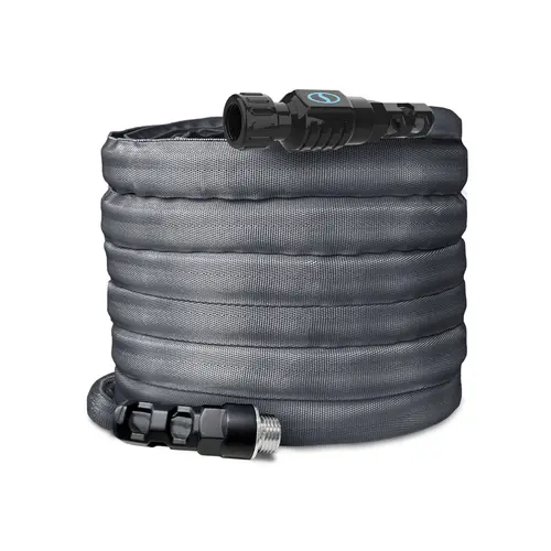 Aqua Joe FiberJacket™ Coiled Hose - 5/8” Dia., 0°F Flex Core, 600 PSI High Pressure, Kink-Free Flow, Twist-Resistant, 50% Lighter, Aluminum Ends, Flat-Coiling Storage, Outdoor Garden Irrigation Tool Accessory