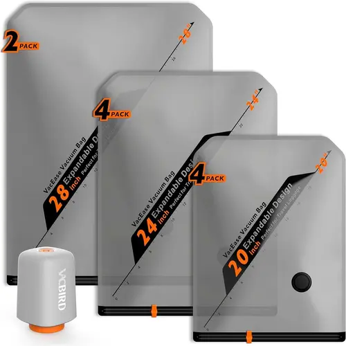 VACBIRD Upgrade Turbo X8 Vacuum Sealer Airtight Storage Bags - 20 Combo Bags, Palm-Size Rechargeable Wireless Pump, Fast X8 Compression, Single Press, Dustproof, Hands-Free Compression, Transparent Front, Home & Travel Storage for Clothes, Blankets