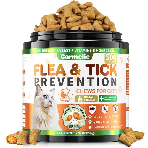 Carmelie Dual Action Flea & Tick Defense Vitamin Chews for Cats - 500 Crunchy Krill Seafood Chews, Gluten-Free Artificial Additives-Free Natural Oral Care, Itching Relief, Supports Healthier Shinier Coat (Brewer’s Yeast, Salmon Oil, All Ages, All Breeds)