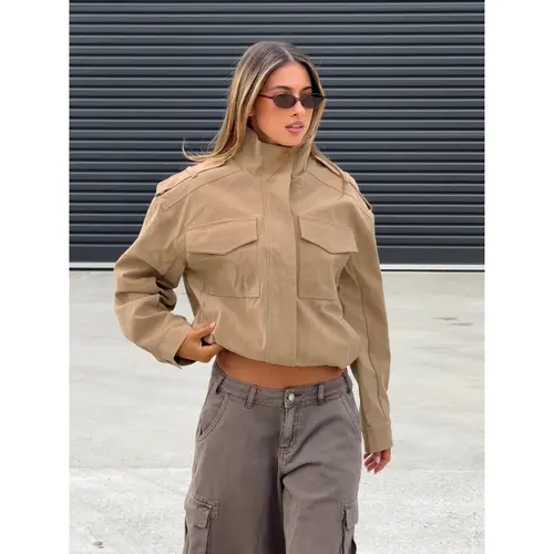 Double Life Funnel Neck Cargo Jacket Beige