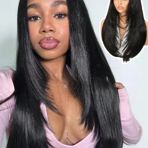Women Yaki Straight Layered U Part Wig, V Part Glueless Clip-In Half Wig, Realistic Natural Look, Heat-Resistant Synthetic Hair, Natural Looking Wigs