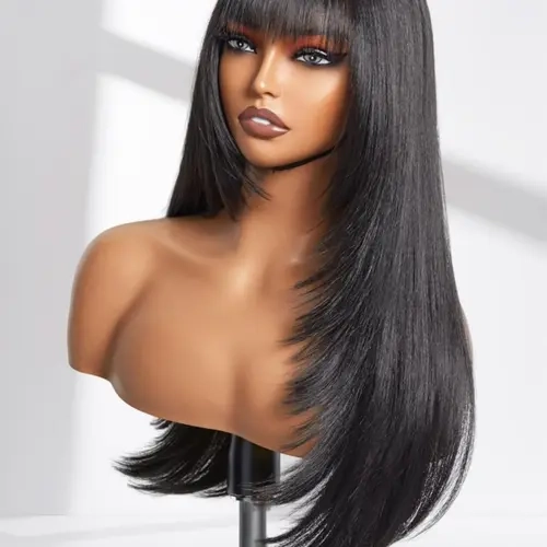 Long Hair Wig with Bangs, Straight Layered Wigs for Women, Synthetic Glueless Realistic Fiber, No Glue Wig, Heat Resistant, Heat Friendly Wig, Natural Look, Natural Looking Wigs, Daily Wear Wig