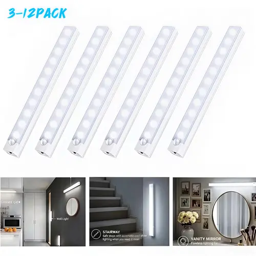 6-Piece Slim Profile ABS Plastic Magnetic Back Interior LED Under-Cabinet Lights - USB-Rechargeable, Motion Sensor Auto On/Off, Easy-Install Automatic Closet & Indoor Room Lights