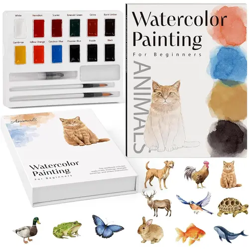 Torlam Beginner Watercolor Animal Art Kit - Portable DIY Painting Supplies for Teens, Includes 12-Color Watercolor Paint Set, Coloring Workbook, Brush, Forest Theme Paper (Educational Arts & Crafts Toy)